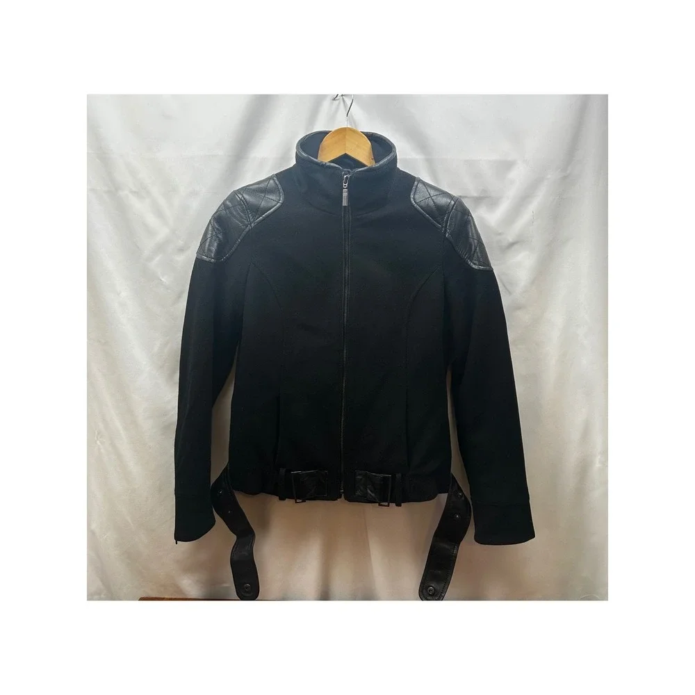 Trina Turk Wool Moto Jacket Wmn 2 Black Lamb Leather Trim Zip Dark Romantic Edge